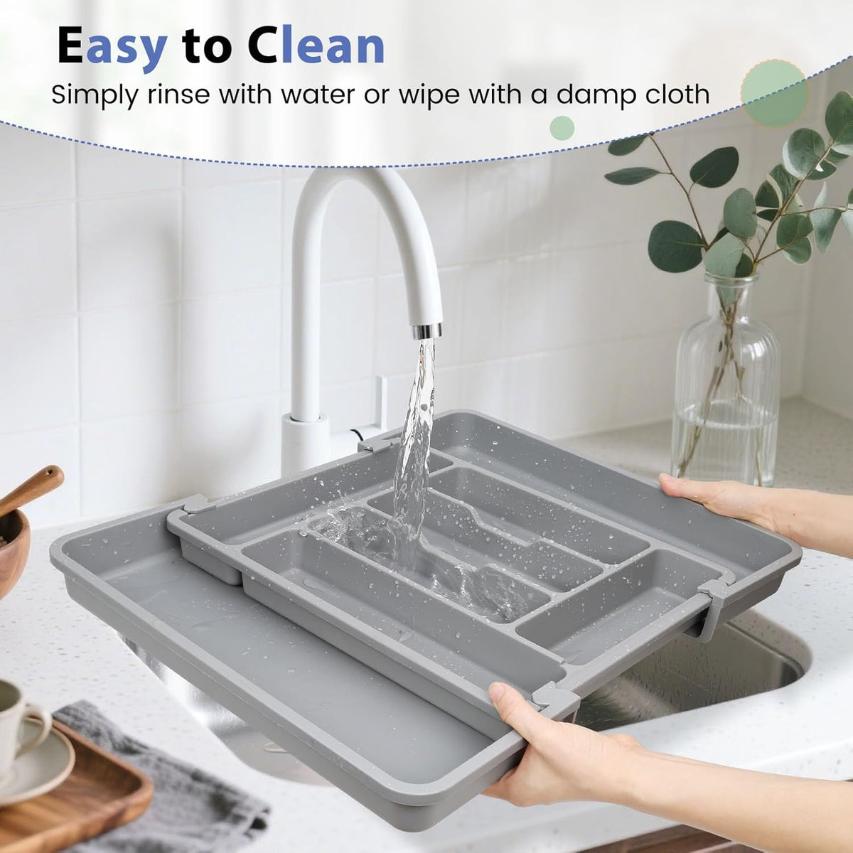Caperci Large Silverware Organizer for Kitchen Drawer & Utensils - Expandable Drawer Organizer for Cutlery, Flatware & Gadget, BPA-Free Thick Plastic, Wider Compartments & Non-skid Feet (Medium Gray)