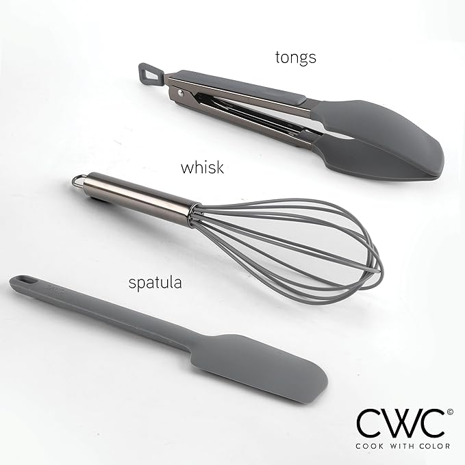 COOK WITH COLOR Stainless Steel Silicone Tipped Kitchen & BBQ Tongs Set, 3 Pc Utensils, Grey