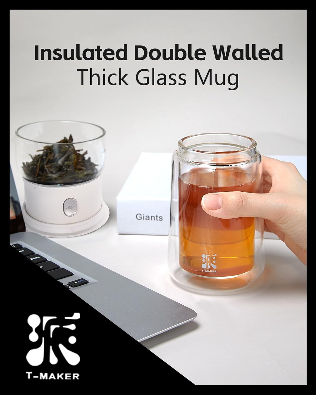 ZENS Modern Tea Pot, Glass Teapot with Infusers for Loose Tea Diffusers with One Touch Pouring, Cool Portable Tea Maker with Insulated Tea Mug and Travel Tea Kits for Tea Lover Gifts