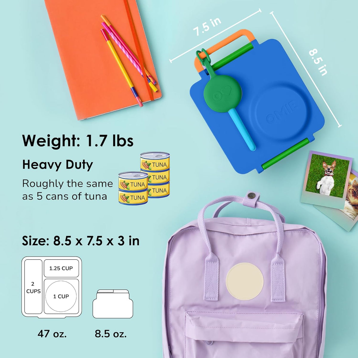 OmieBox Bento Box for Kids - Insulated Bento Lunch Box with Leak Proof Vacuum Insulated Food Jar - 3 Compartments, Two Temperature Zones (Monster Blue)