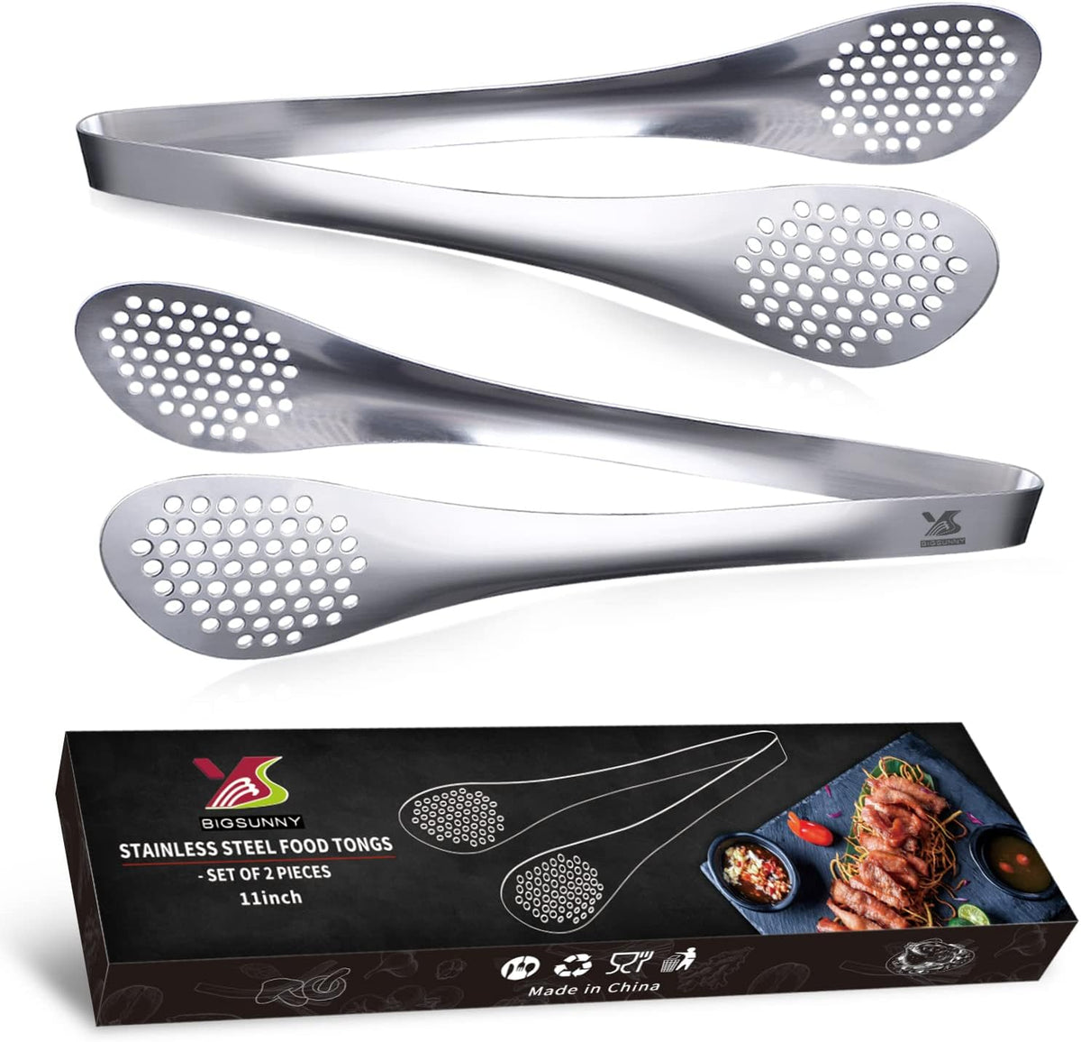 MSY BIGSUNNY 11Inch Kitchen Cooking Food Tongs Stainless Steel Buffet Tongs (silver, 2 pack)