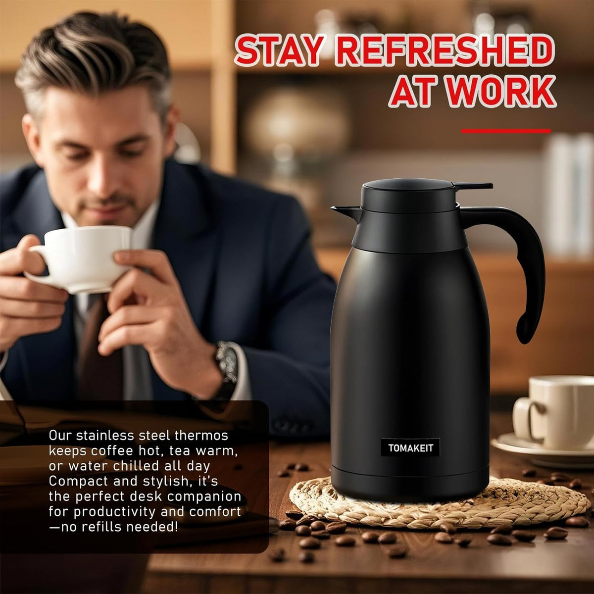Thermal Coffee Carafe 2L/68 Oz Double-Wall Vacuum 304 Stainless Steel Insulated Thermoses Flask, 24-Hour Keeps Hot/Cold, Leak-Proof, for Travel, Work, Outdoor, BPA-Free, Easy to Clean