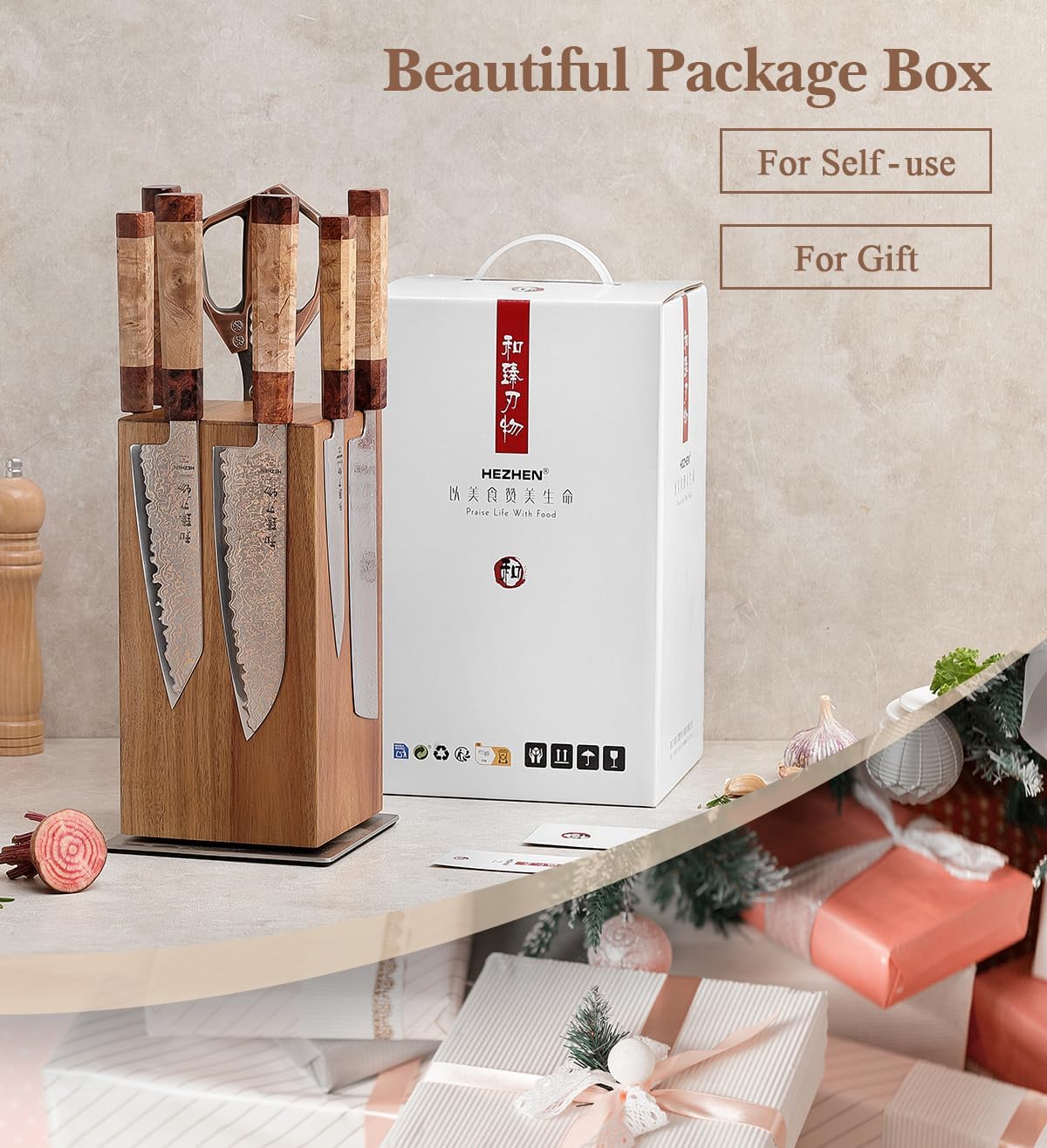 HEZHEN Magnetic Rotating Knife Holder without Knives, Acacia Wood, 360° Knife Block for Kitchen Counter, Space-saving and Larger Capacity Knife Storage, Strong Enhanced Magnets Strip