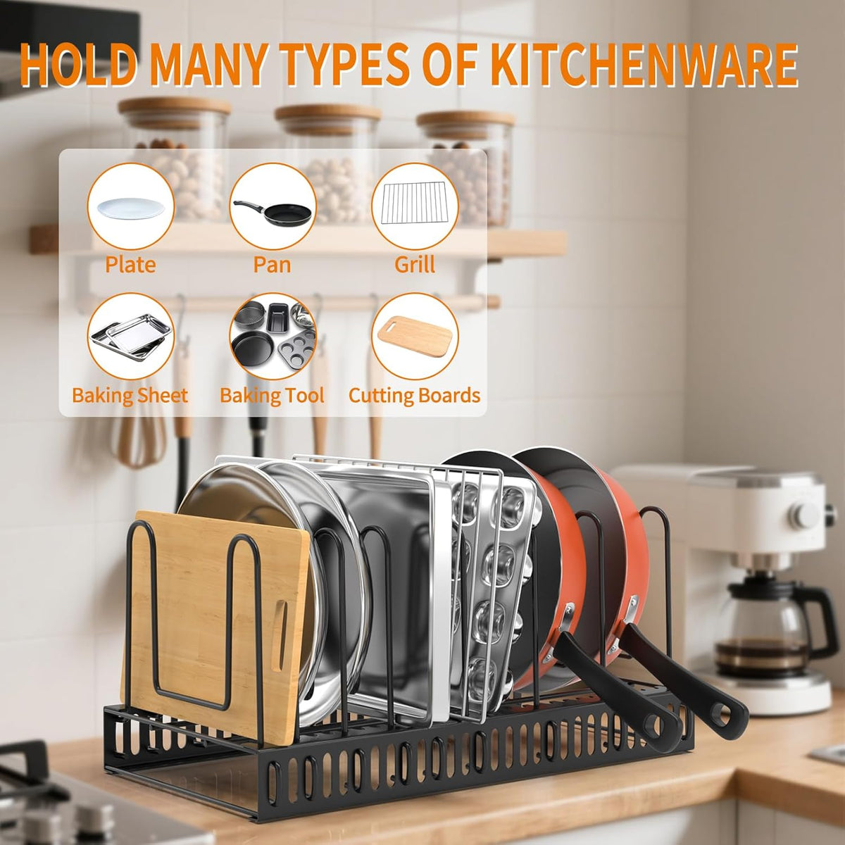 Pot Lid Organizer for Cabinet,7 Adjustable Dividers Storage for Cabinet - Heavy-Duty Pot & Pan Organizer - Perfect to Store Pots, Bakeware, Plates, Cookie Sheets, Trays, Dish, Cutting Boards