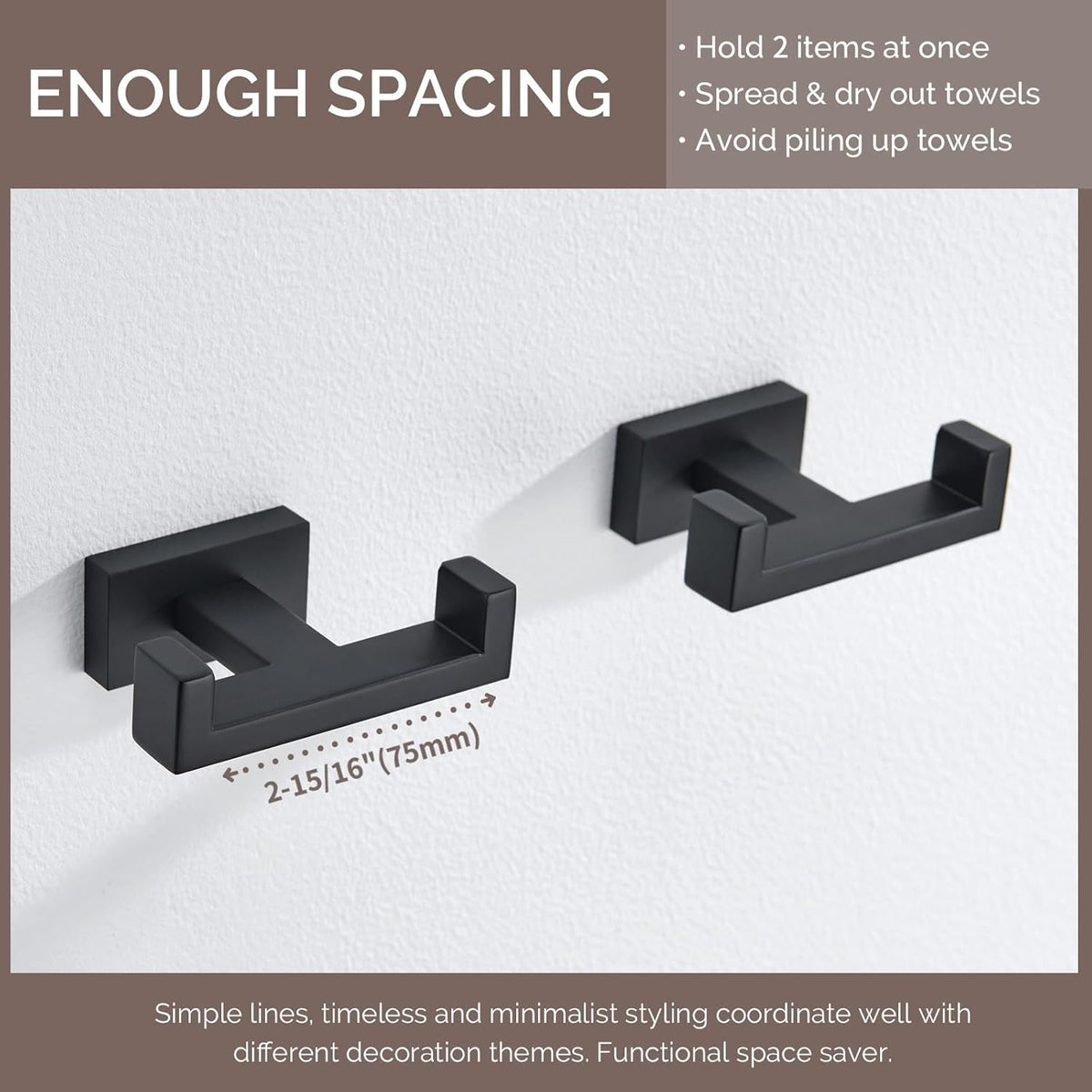 Angle Simple Bathroom Towel Hooks, Stainless Steel Shower Double Robe Coat Hooks for Wall, Matte Black, 2 Pack