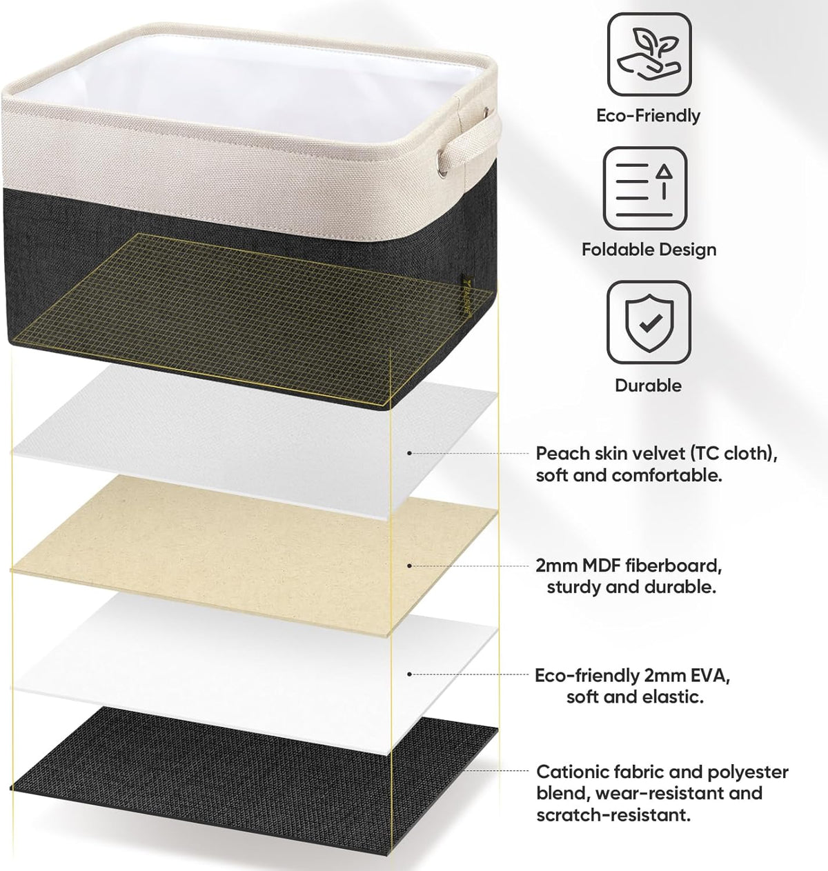 BALEINE 3 Pack Fabric Storage Bins for Shelves, Linen Storage Baskets for Organizing, Decorative Closet Bins for Clothes, Home (Black, 15"x11"x9.5")