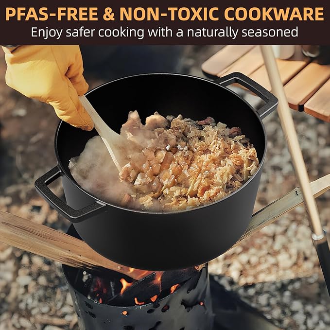 Cast Iron Dutch Oven Pot with Skillet Lid – Pre-Seasoned – Skillet Lid Cooking Pan– PFAS-Free –Umite Chef Cast Iron Skillet Cookware for Bread, Frying, Baking – Dual Handles – Oven, Grill, Campfire & Stovetop Safe – Durable & Non-Toxic, 5QT