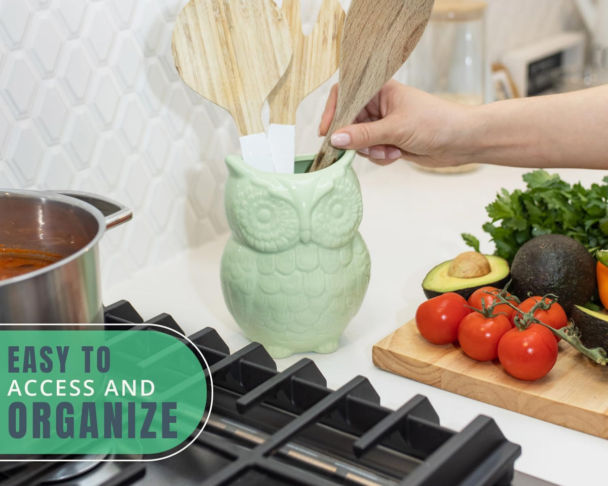 Comfify Owl Utensil Holder Decorative Ceramic Cookware Crock & Organizer, in Lovely Green Color - Utensil Caddy and Perfect Kitchen Ceramic Decor Gift - 5” x 7” x 4” Size