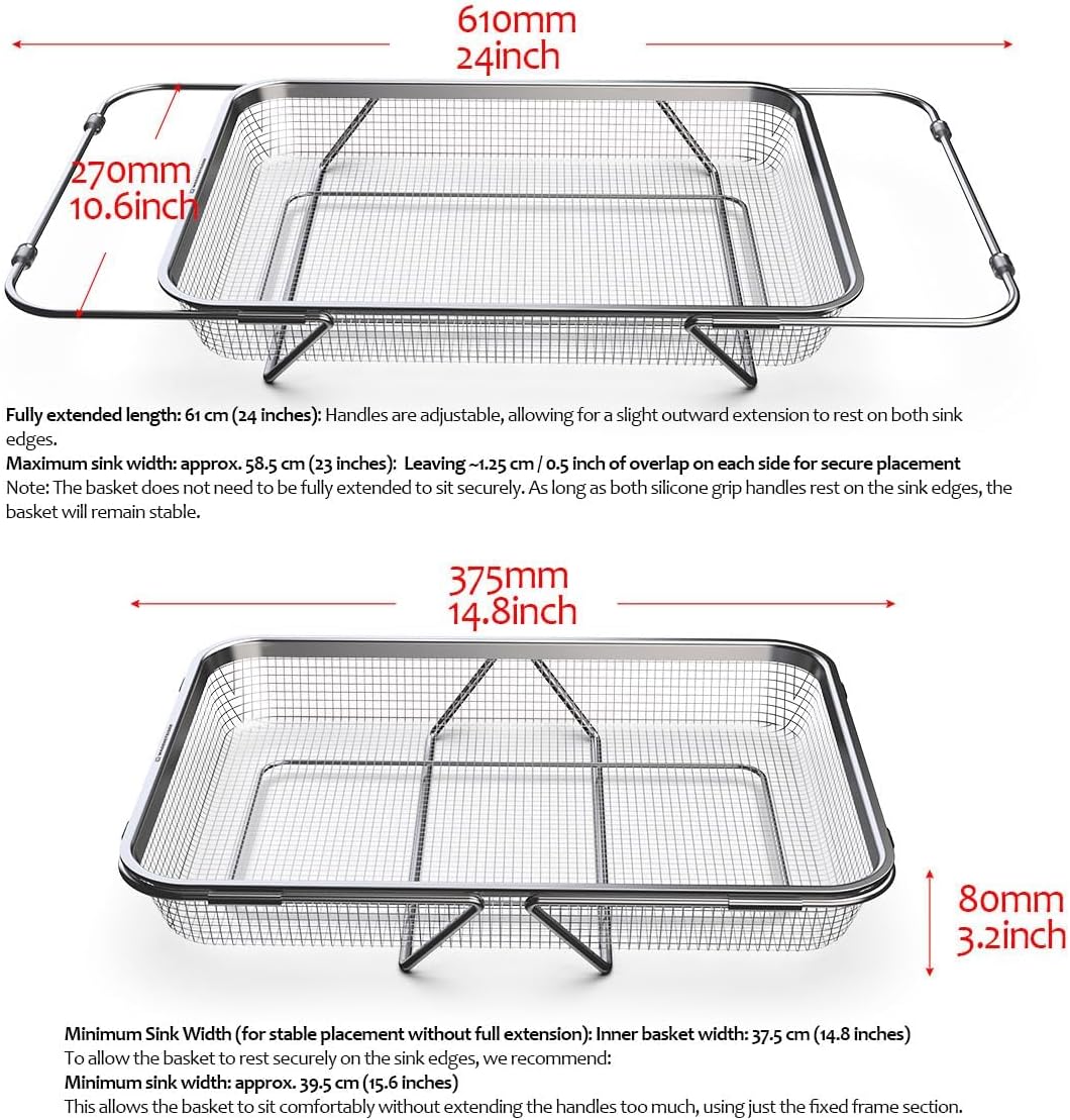 Extendable Dish Rack with Feet, Vegetable Colander Basket, Stainless Steel Dish or Silverware Drying Rack, Ultimate Kitchen Organizer Over The Sink (12.99 x 9.65 x 2.76 Inches)