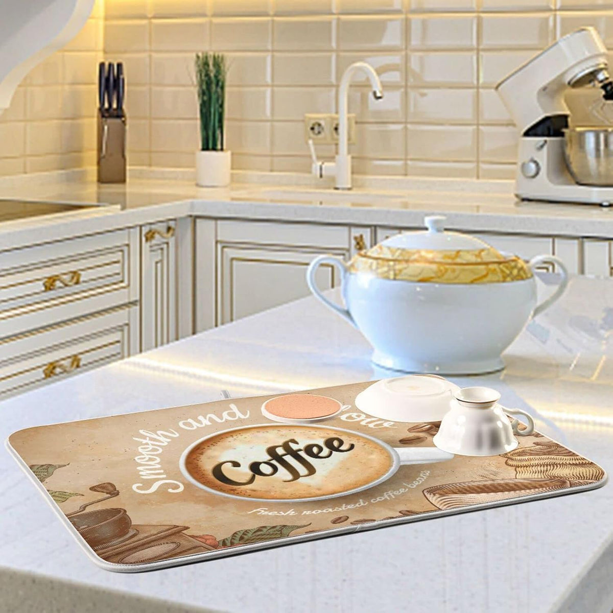 senya Super Absorbent Dish Drying Mat, Microfiber Fast-Drying 24'' x 18'', Kitchen Pad, Coffee Cup Retro Brown