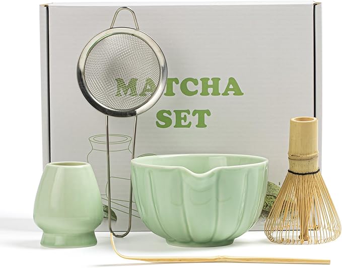 Matcha Whisk Set, Matcha Set Includes Ceramic Matcha Bowl, Bamboo Whisk, Scoop, Chasen Holder, Sifter - 5 Pcs Perfect Matcha Kit for Macha Lover (Emerald Green)