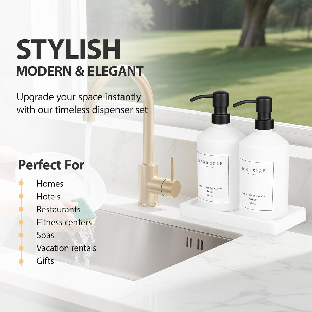 White Glass Kitchen Soap Dispenser Set, 17 OZ Hand and Dish Soap Dispenser Set with Rustproof Stainless Pump, 14 Waterproof Labels, Non-Slip Tray, Modern Bathroom Accessories(White Bottle/Black Pump)