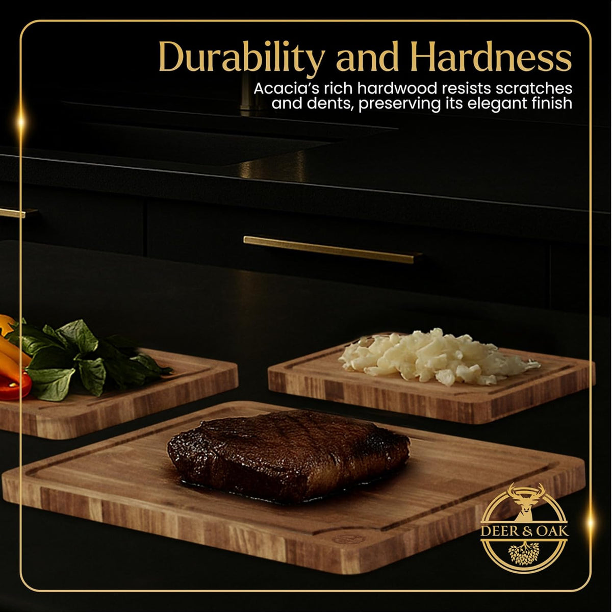 Pre-Oiled, Non Toxic 3-Piece Acacia Cutting Board Set with Stand, FSC Certified Wooden Chopping Boards with Juice Grooves for Meat. 3 Size Wood Carving Boards for Home & BBQ Kitchens by Deer & Oak
