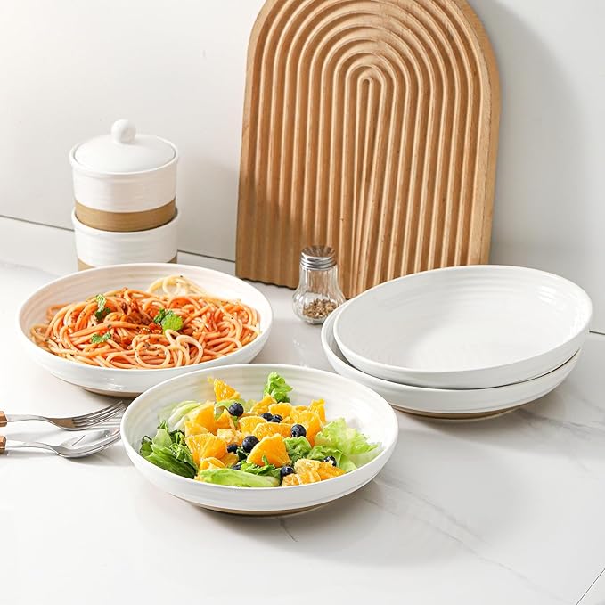 Hasense Ceramic Pasta Bowls, 32 Ounce Serving Bowls for Kitchen, 8.7 Inch White Bowls Set for Furit, Salad, Pasta - Shallow Soup Bowls Set of 2, Dishwasher & Microwave Safe