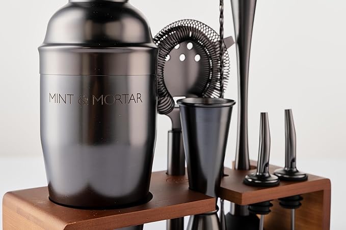 Mint & Mortar Cocktail Shaker Set, 7-Piece Bartender Kit with Stand, 24oz Martini Shaker Bottle Stainless Steel Bar Tools, Home Bar Accessories Drink Mixer, Barware Gift Set - Gunmetal