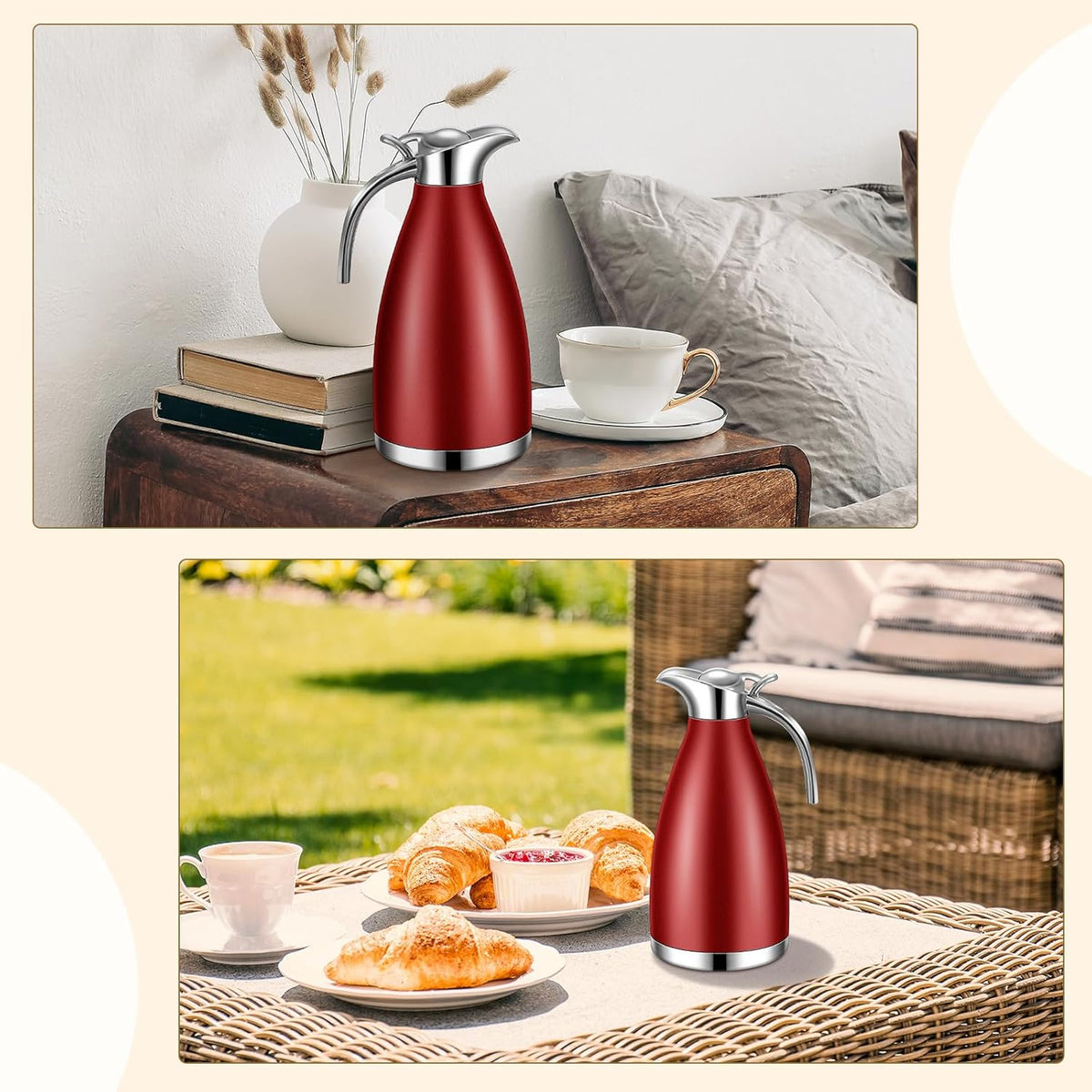 Uiifan 2 Pcs 68 oz Thermal Coffee Carafe Insulated Stainless Steel Coffee Carafe for Hot Liquids Vacuum Thermal Pot Creamer Dispenser with Brushes Keeping Hot Tea Milk Water(Red)