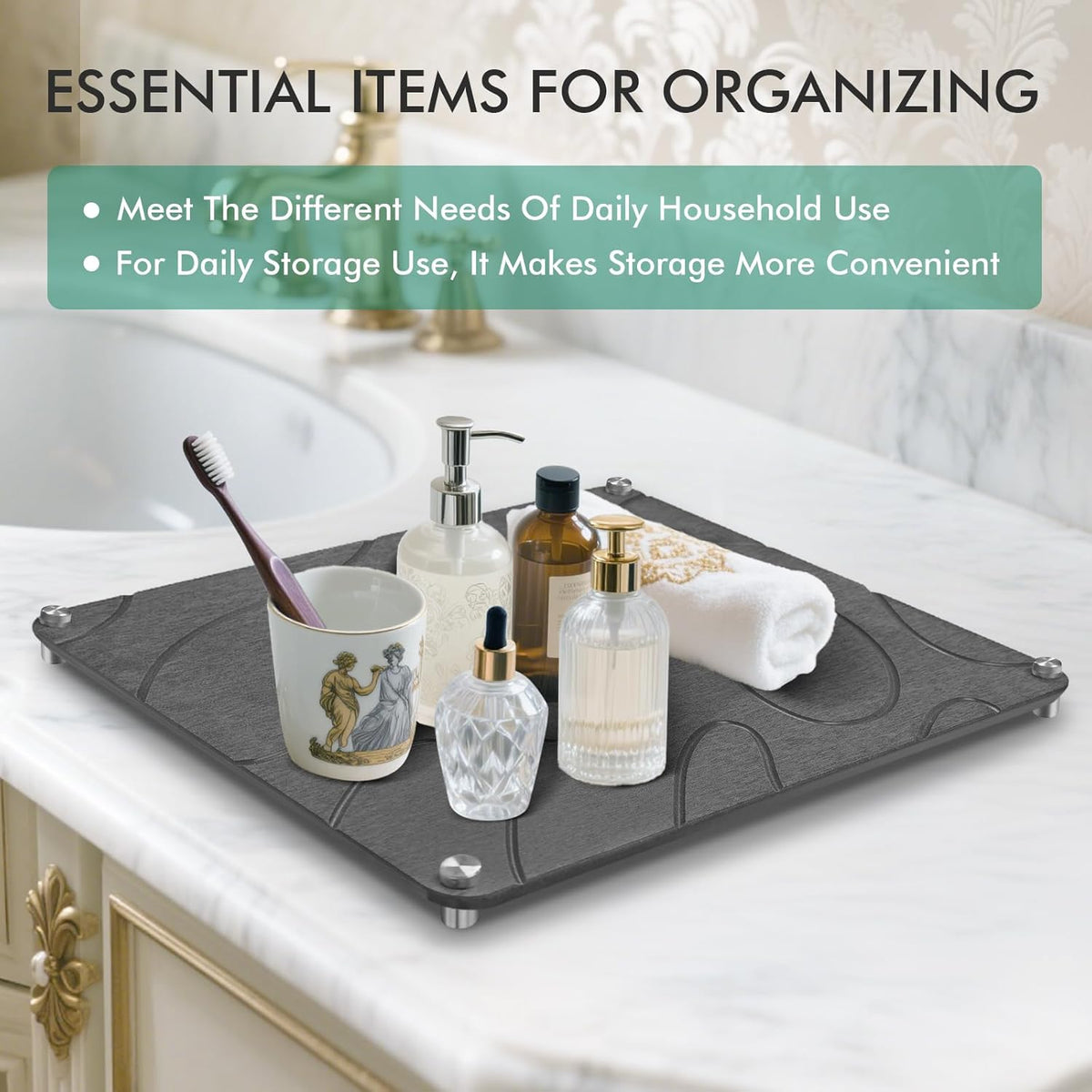 Stone Drying Mat For Kitchen Counter Superb Absorbent Diatomaceous Earth Mats with Non-Slip Feet Quick Dry Stone Dish Drying Pad Dish Pad Multi-Purpose(Flow Line-DarkGrey, 15.7" x 11.8")