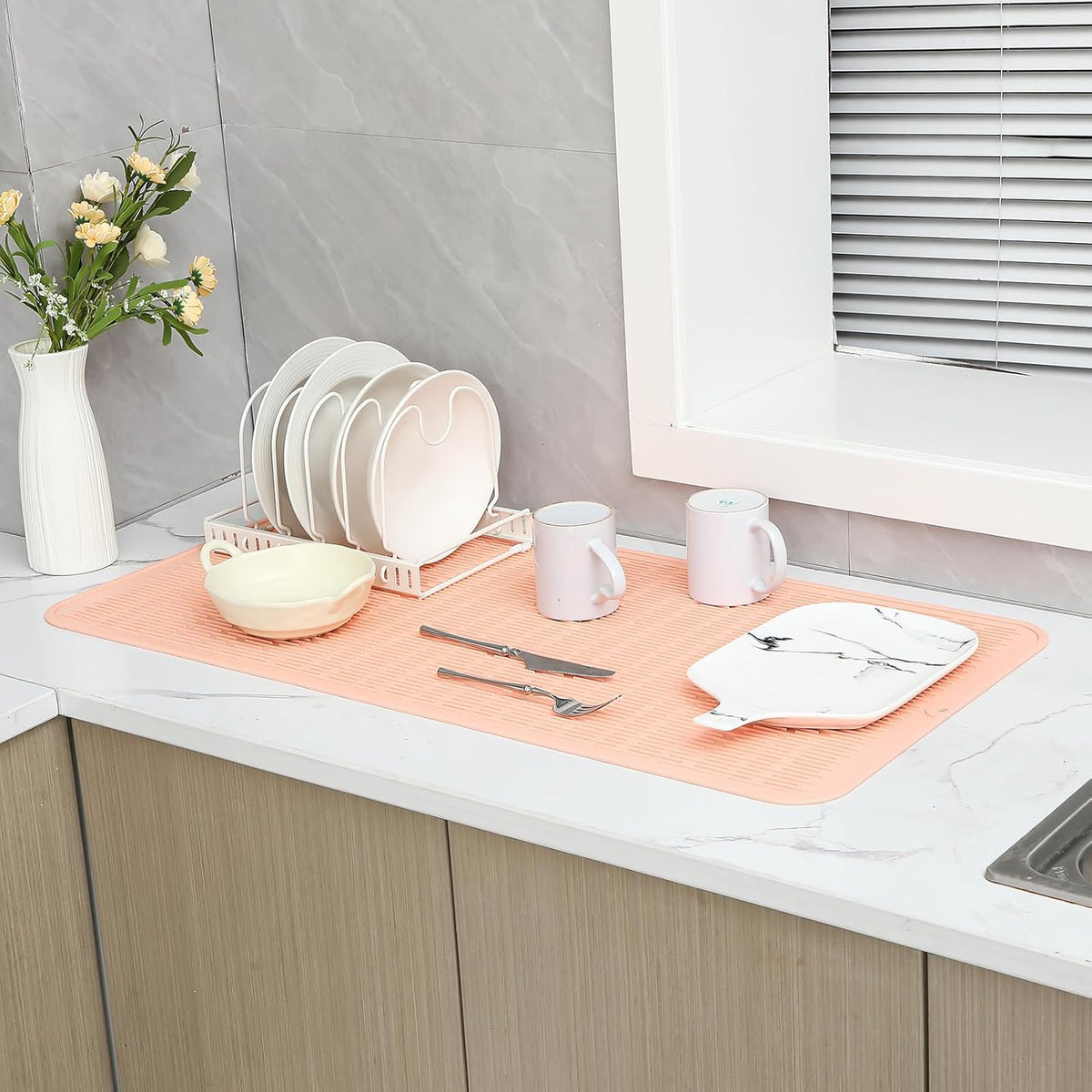 Silicone Dish Drying Mat for Multiple Usage,Easy clean,Eco-friendly,Heat-resistant Silicone Mat for Kitchen Counter or Sink,Refrigerator or Drawer Liner Pink 5XL 36inches x 18inches