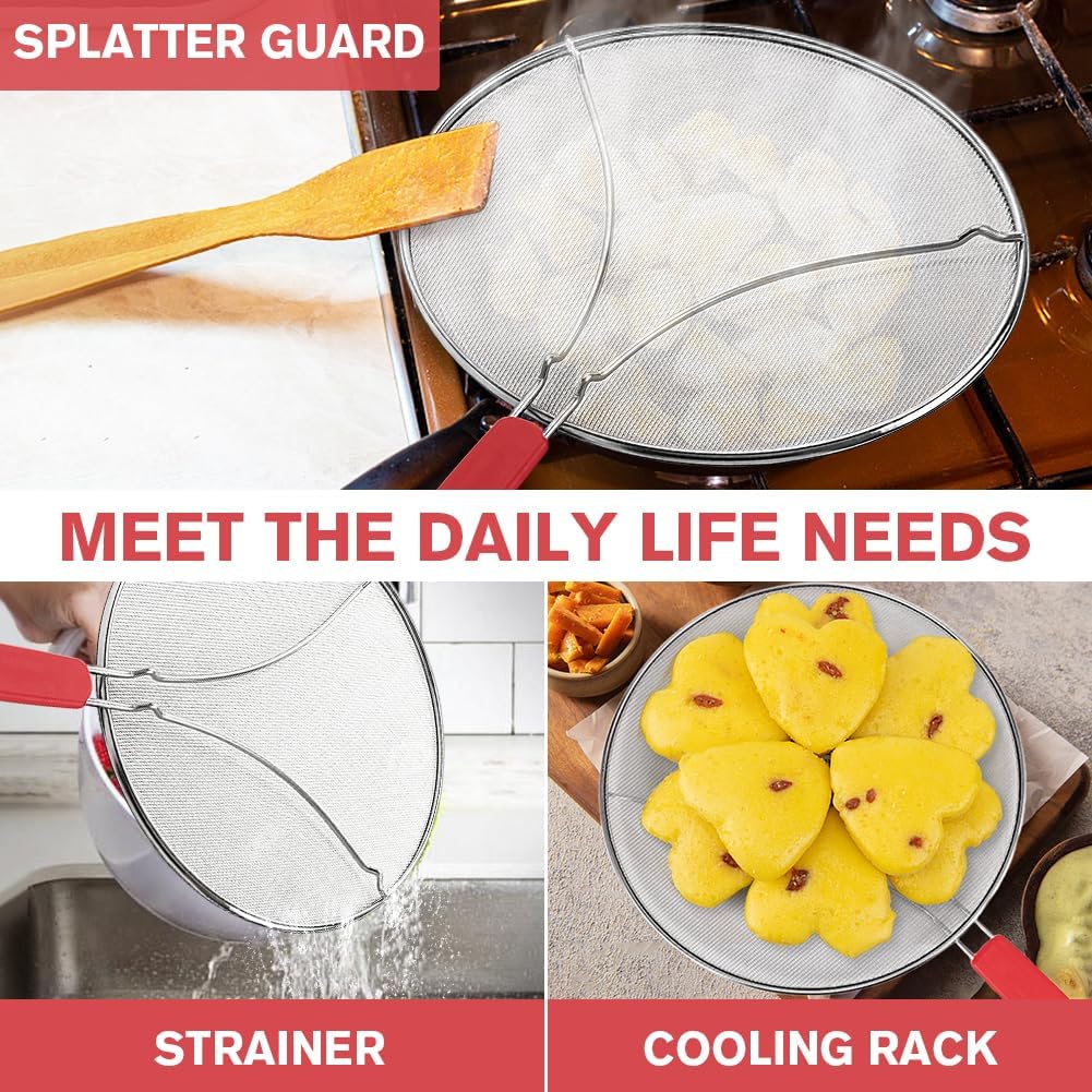 Splatter Screen for Frying Pan & Food Strainer,13 Inch Stainless Steel Grease Splatter Guard,Shield from Splashing Oil, Dishwasher Safe(Red)