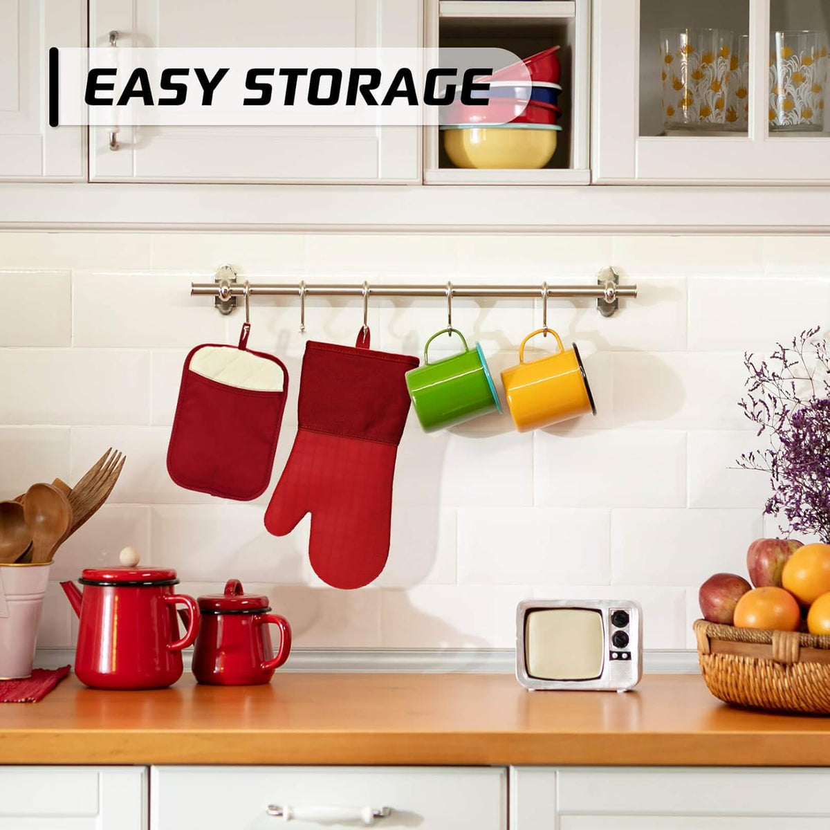 HOMWE Silicone Kitchen Pot Holders, 2 Pc Set Trivets, Steam and Heat Resistant Hand and Countertop Protection Hot Pads, Non-Slip Grip, Terrycloth Interior Lining, Red