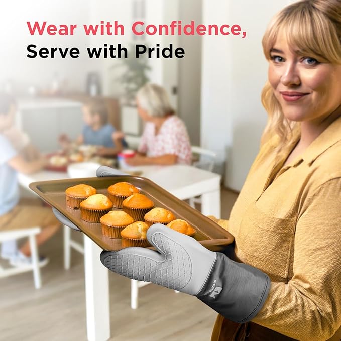 Kitchen Mama UltraShield Silicone Oven Mitts Heat Resistant – Non-Slip, Stain-Resistant, Silicone Cooking Mitts & Pot Holders for Baking, Grilling, Heat Resistant Cooking Gloves (Metal Gray)