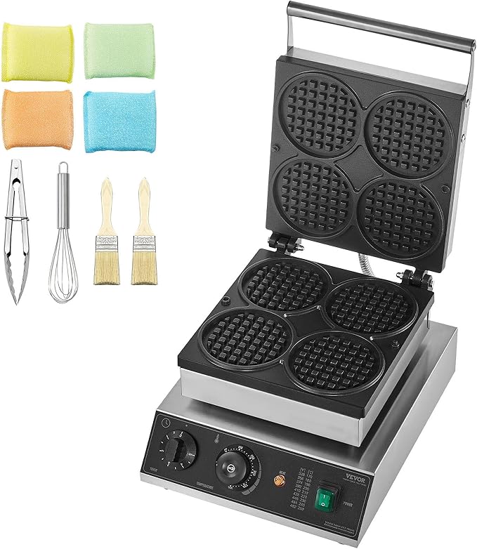 VEVOR Commercial Waffle Maker, 4PCS Round Waffle Baker Machine,1750W Non-Stick Stainless Steel Belgian Waffle Iron with Temperature and Time Control, for Restaurant Bakery Snack Bar Family