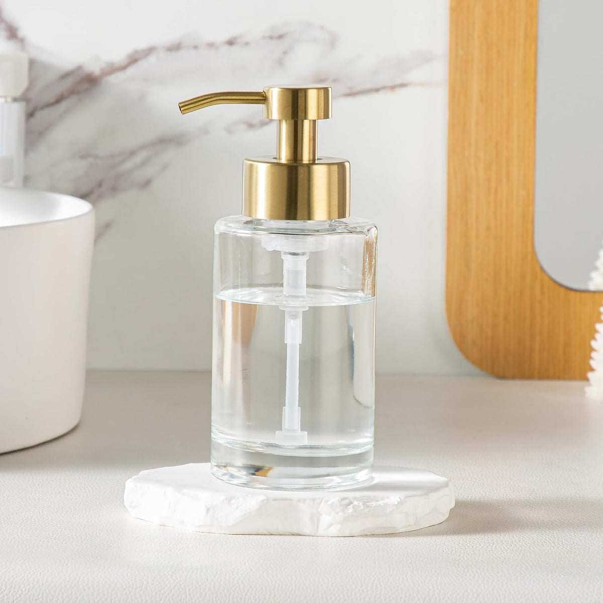 Enra Foam Soap Dispenser,12oz Thick Glass Bathroom Soap Dispenser with Stainless Steel Gold Pump for Bathroom Kitchen(Clear/Gold Poam Type)