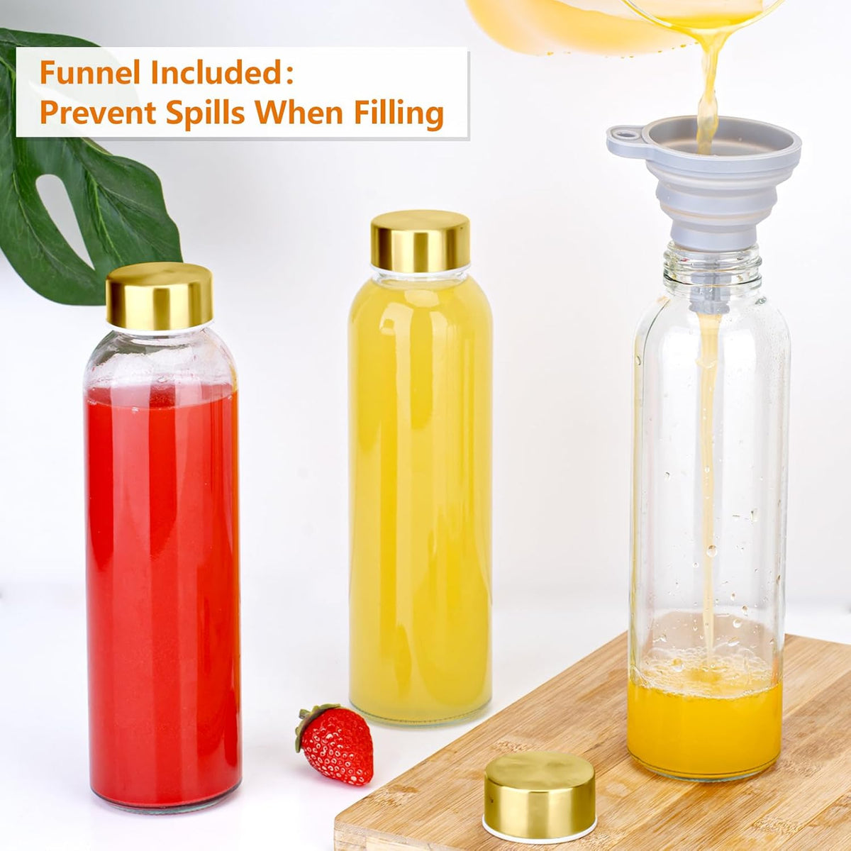 Zukro Glass Water Bottles with Gold Lids 18 oz, Reusable Clear Glass Juice Bottles Stainless Steel Airtight Cap for Juicing, 100% Leak Proof Juice Drinking Jar for Refrigerator, BPA Free, Set of 10