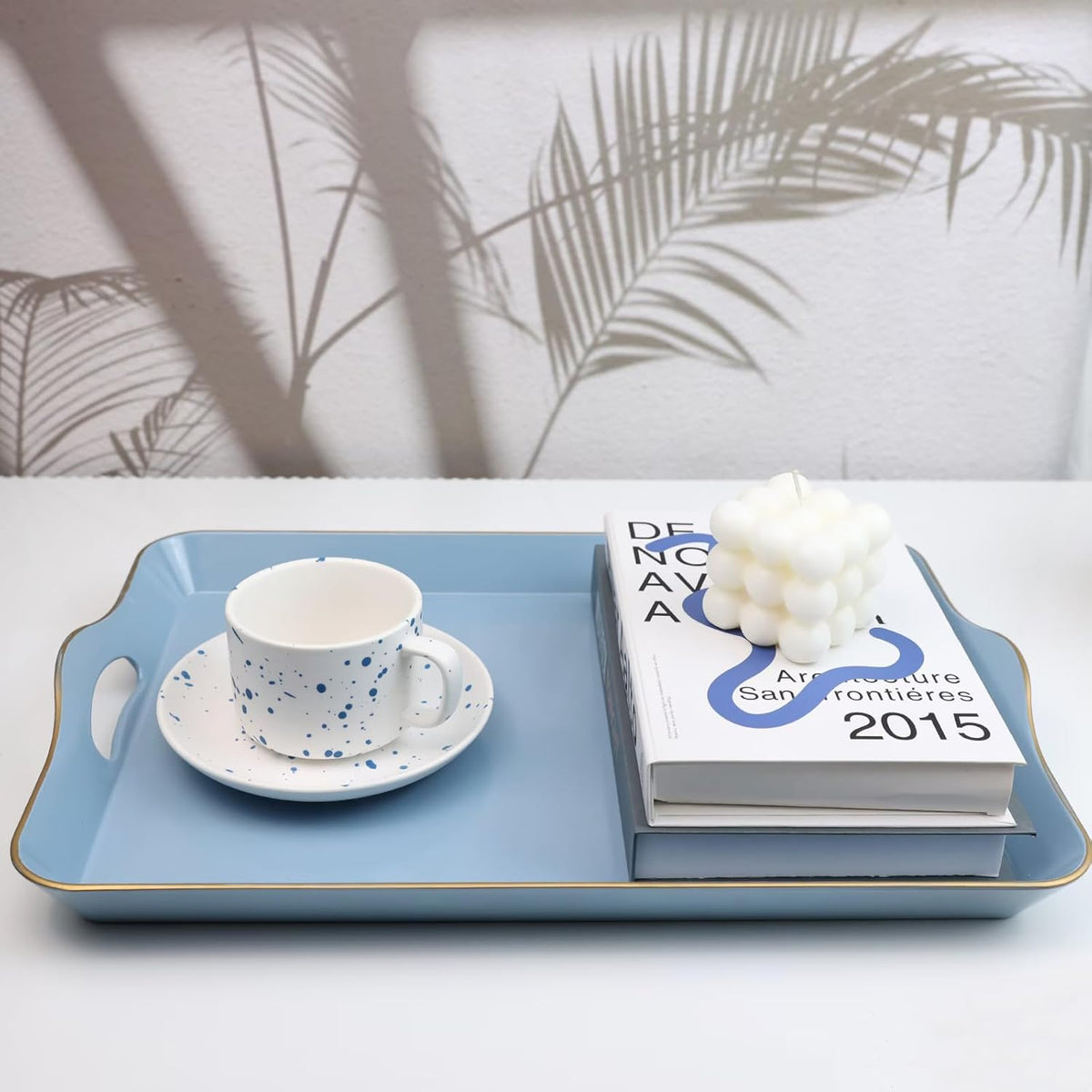 Spsyrine Light Blue Decorative Tray, Elegant Plastic Serving Tray with Handles, Coffee Table Tray for Ottoman, Living Room, Home Decor