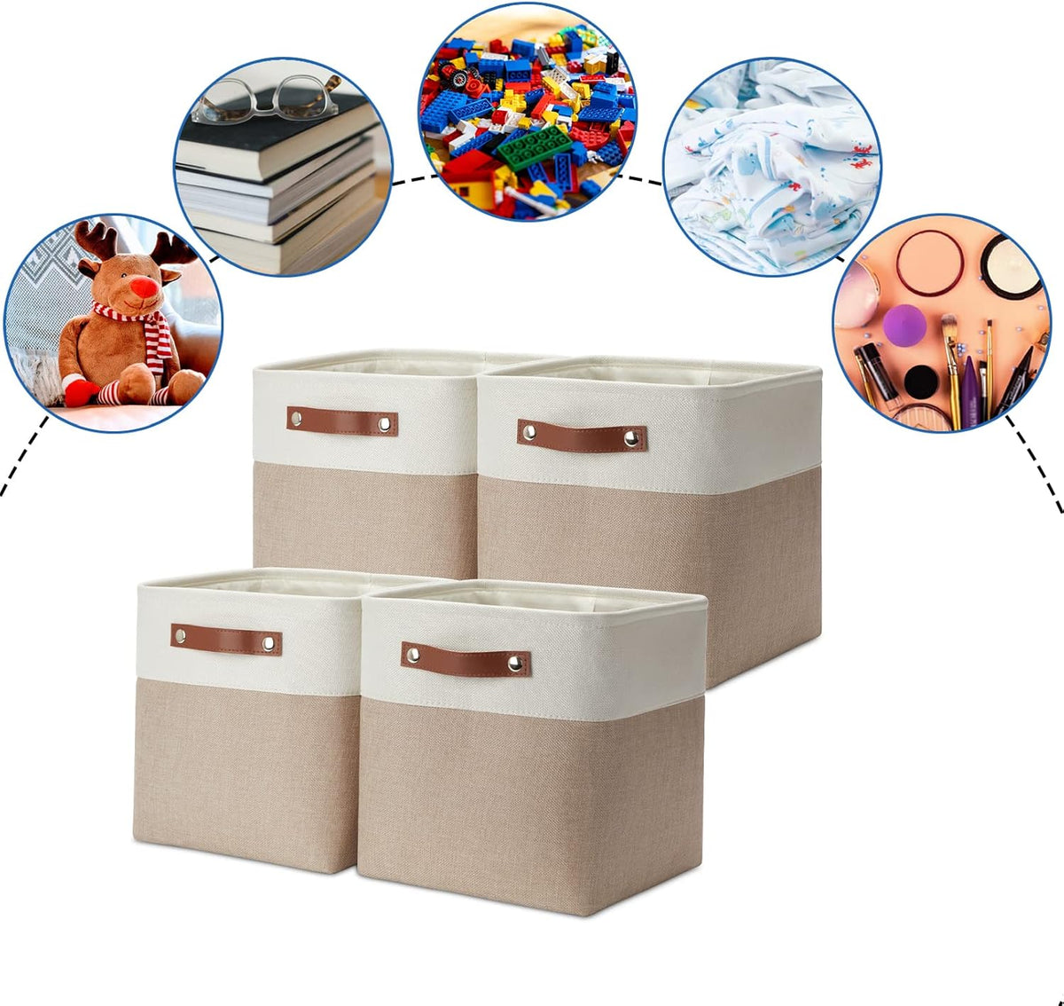 DULLEMELO 11 inch Cube Storage Bins, Large Collapsible Grey Storage Baskets for Square Cubes Organizing, Fabric Boxes Bins for Shelves Nursery Home Office Storage(4 Pack - 11" White&Khaki)