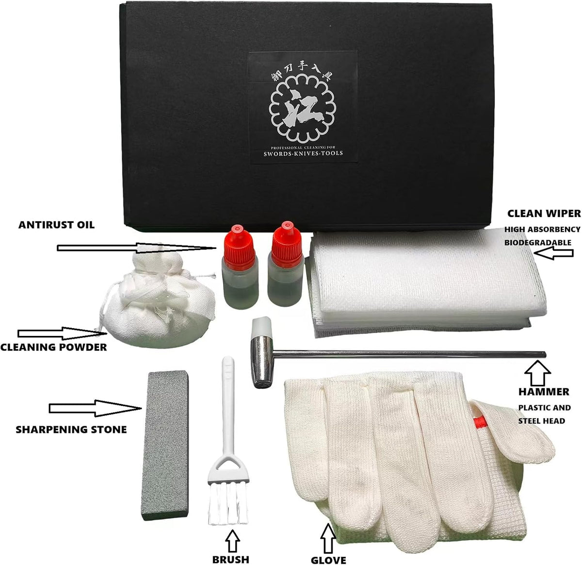 Katana Cleaning Set, Katana Maintenance Kit with Sword Oil, Cleaning Powder, Clean Wiper, Hammer, Brush, Sharpening Stone and Glove, Gift for Men