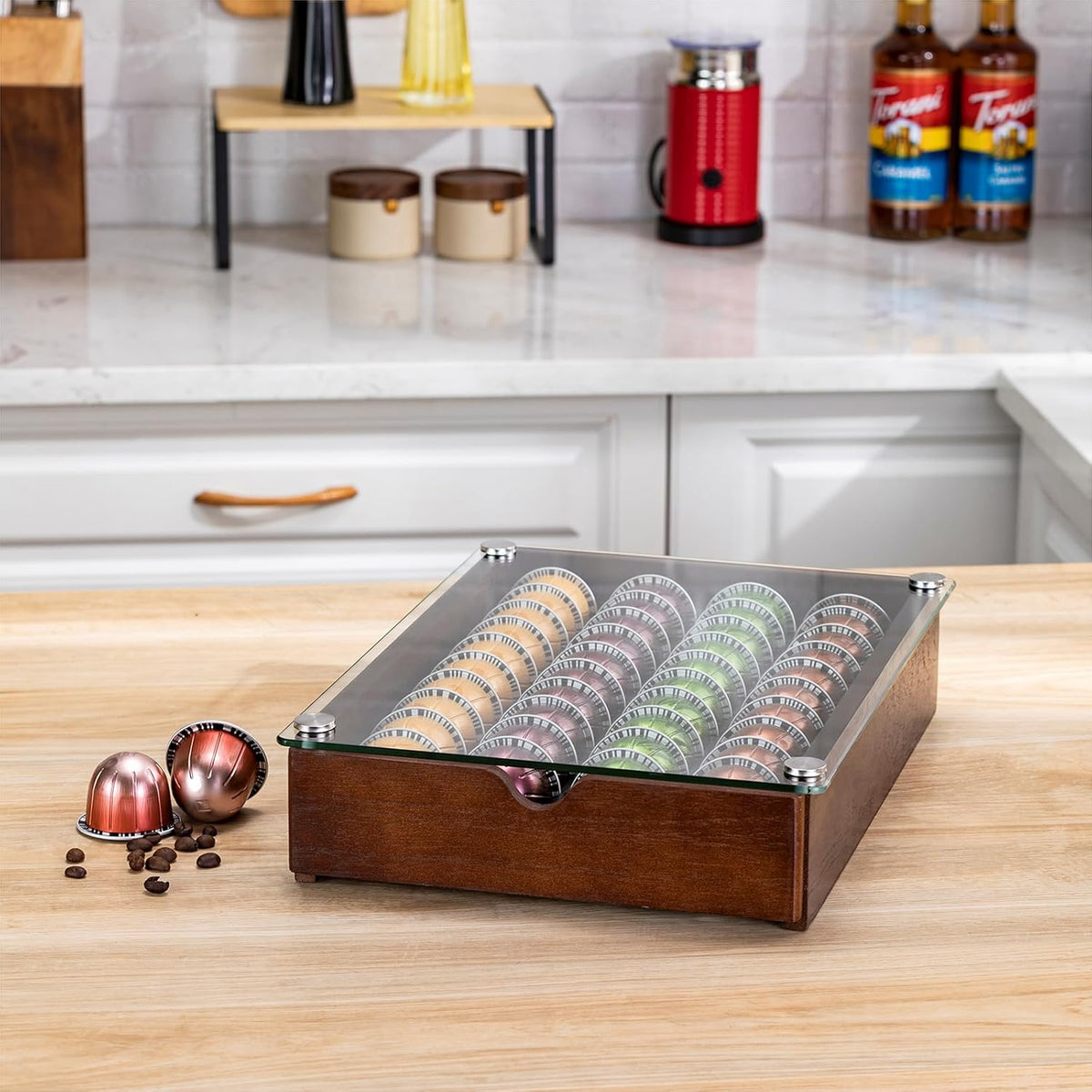 Nespresso Pod Holder Vertuo Pod Drawer With Glass For Cabinet Vertuoline Pod Storage Rack For Counter (40 Pods)