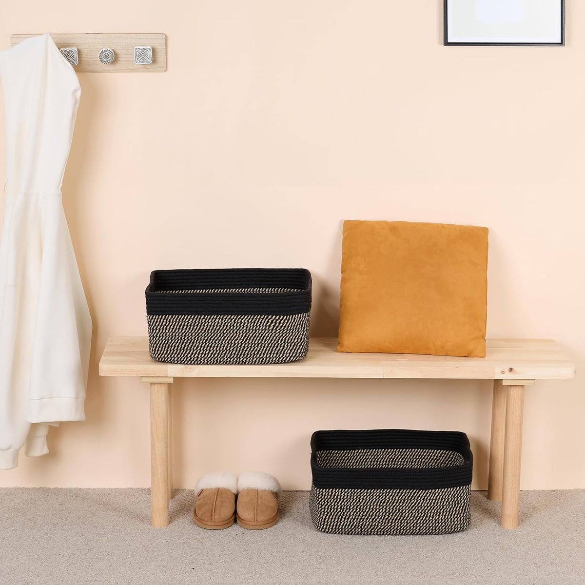 Large Storage Baskets for Shelves, Closet Organizers Bins for Clothes Blanket Towels, Baby Nursery, Toy Baskets Box, Woven Rope Baskets, 17 x 13 x 7.5โ, 3 Packs Woven Brown
