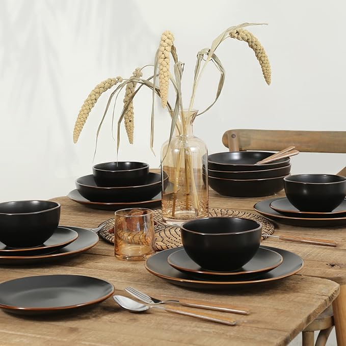 Stone Lain Brasa Modern Stoneware 16 Piece Dinnerware Sets, Plates and bowls Sets, Dish Set for 4, Black