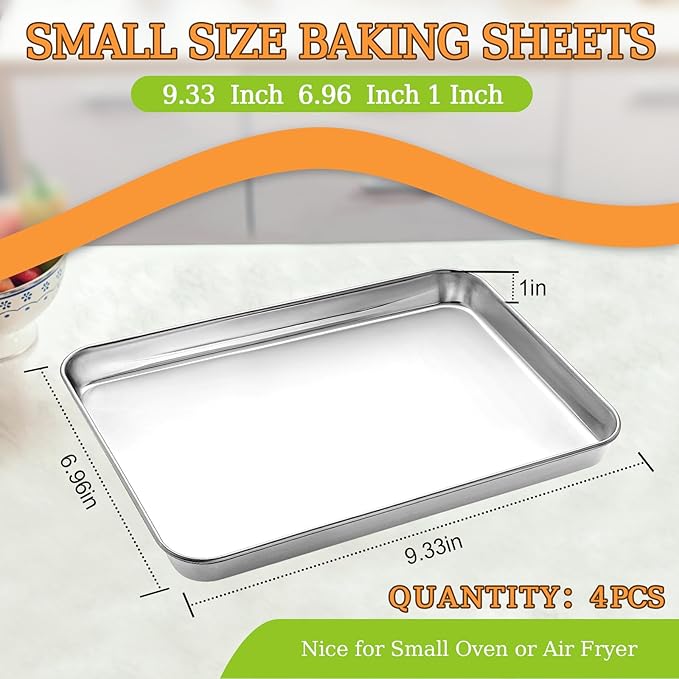 4 Pieces Baking Sheet Pan Tray, CEKEE Stainless Steel Small Cookie Sheets for Baking, Baking Sheets for Oven, Warp Resistant & Heavy Duty & Rust Free Baking Pans Set - Size 9.3 x 6.9 x 0.98 Inch