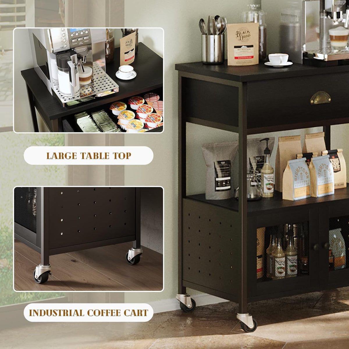 Coffee Cart Station with Storage Drawer, Small Microwave Stand with Storage Cabinet, Coffee Stand Station, Rolling Island Cart for Living Room, Dining Room, Kitchen, Black