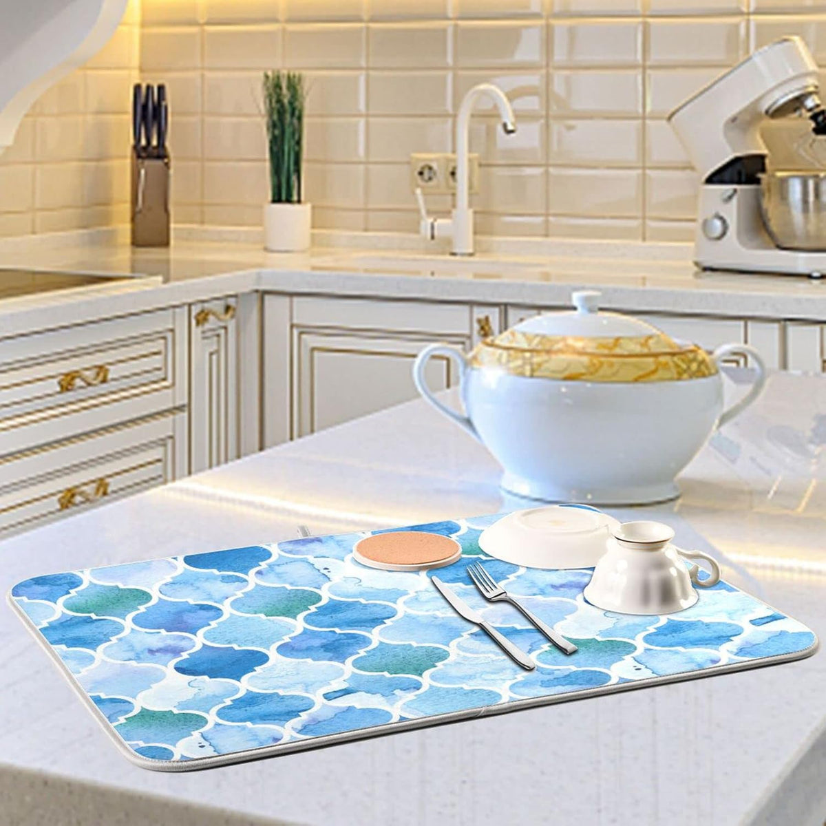 Senya Super Absorbent Dish Drying Mat, Microfiber Fast-Drying Dish Mat, 16/ x 18/ , Kitchen Dish Drying Pad, Watercolour Moroccan Background
