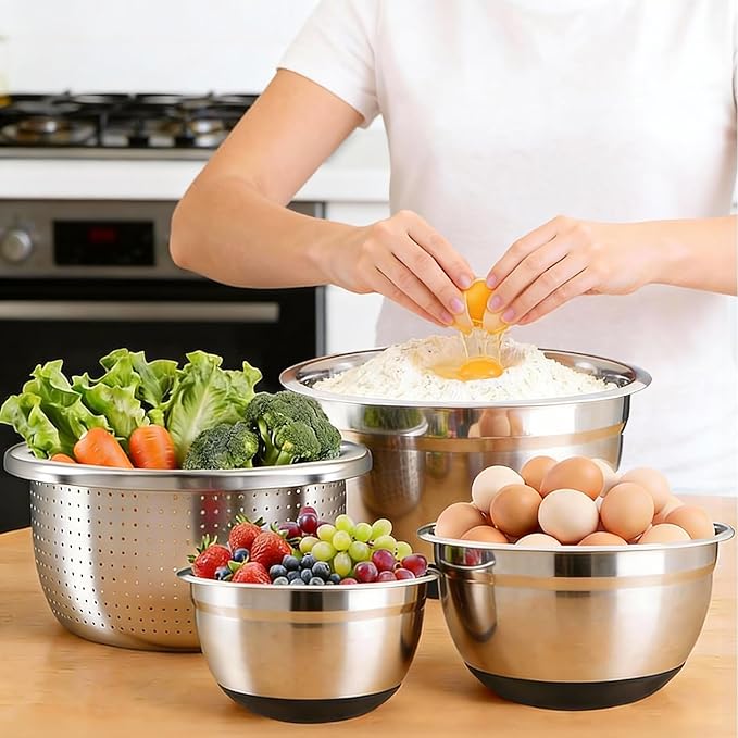 Stainless Steel Mixing Bowls Set with Lids & Silicone Base - 7-Piece Kitchen Gadgets Includes Colander, Grater, Egg Separator, Whisk - Nesting Bowls (1.5, 2, 2.5, 4.5 QT), Dishwasher Safe, Black