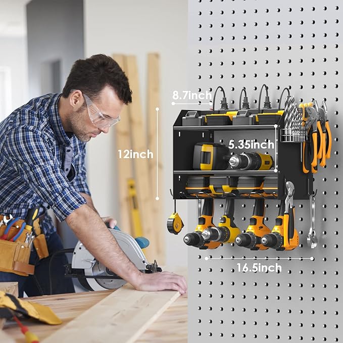 CCCEI Modular Power Tool Organizer Wall Mount with Charging Station. Garage Drill Storage Shelf with Hooks, Heavy Duty Rack, Tool Battery Holder Built in 8 Outlet. Gift for Men. Black, 2 Pack.