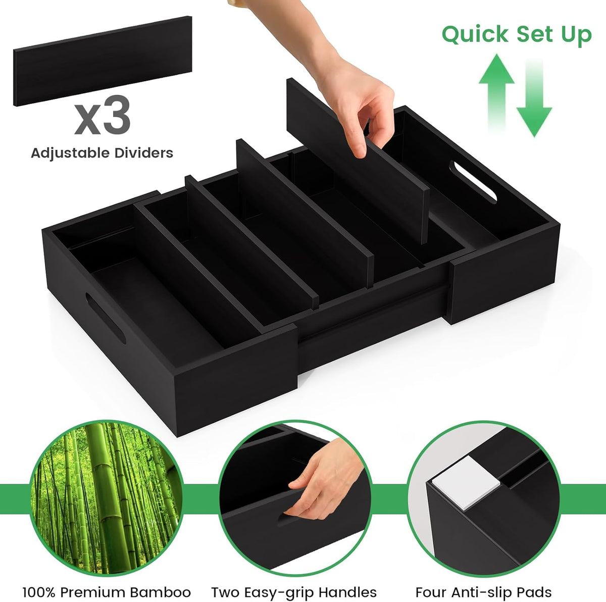 Expandable Bamboo Lid Organizers Inside Cabinet, Kitchen Cabinet Organizers with 3 Adjustable Dividers, Storage Plastic Lids, Food Container Lid Holder Organizer for Drawer Pantry, Black