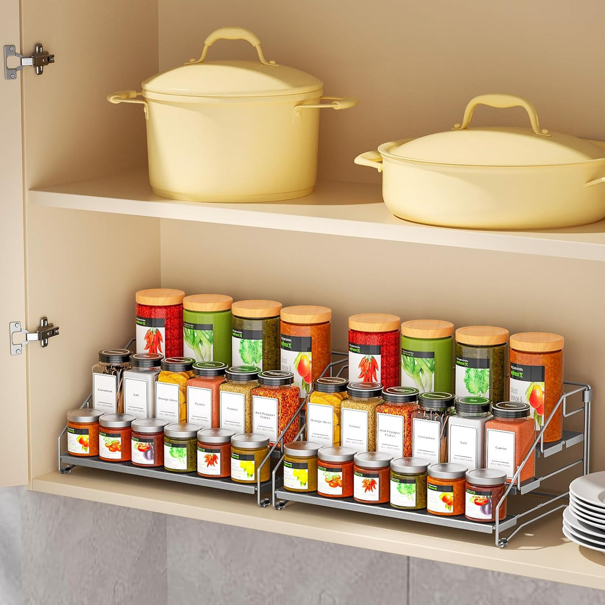 4 Tier Spice Rack Organizer for Cabinet, Spice Rack Organizer, Depth Adjustable Spice Organizer for Cabinet, Countertop, Cupboard, Pantry, Seasoning Shelf, Metal, Gray (2 Pack)