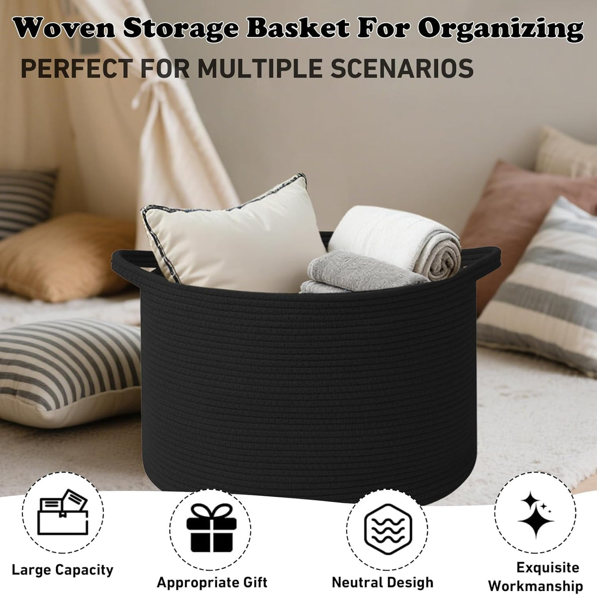 Large Blanket Basket for Organizing,115L Closet Organizers and Storage Bins Box for Shelves Woven Rope Storage Baskets,Living Room,Bedroom,Dorm,Laundry room (Black)