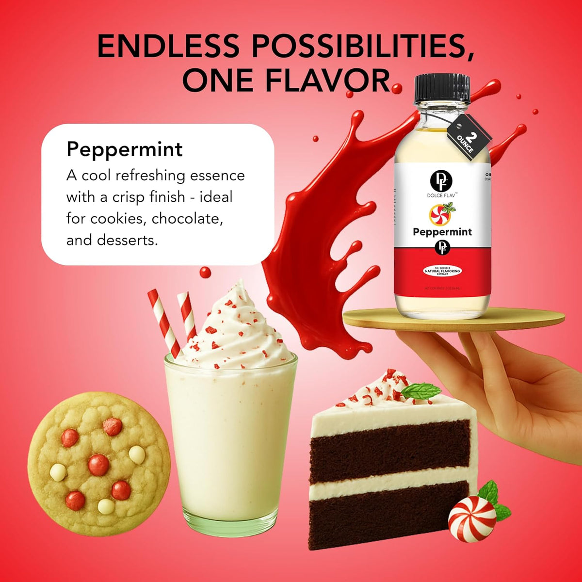 Dolce Flav Natural Peppermint Extract – 2 Ounce Oil-Soluble Kosher, Sugar-Free, Concentrated Pure Mint Flavor for Hard Candy, Chocolates & Baking, Includes Measured Dropper