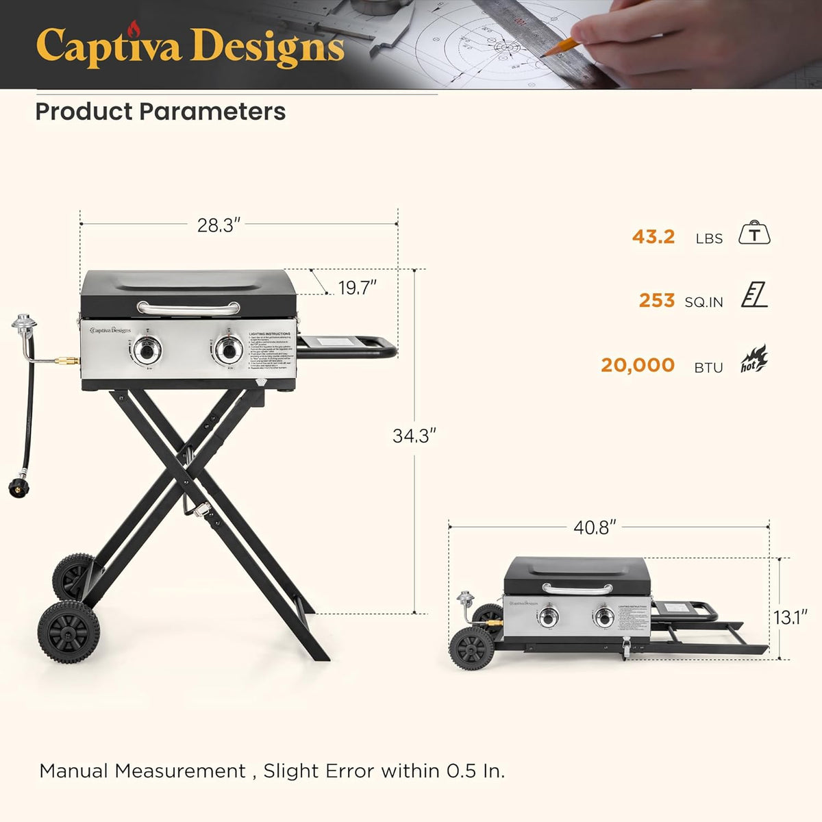 Captiva Designs 17 Inch 2 Burner Portable Propane Gas Griddle Grill with Lid, Outdoor Foldable Flat Top Grill with Stand for Barbecue, Camping and Tailgating