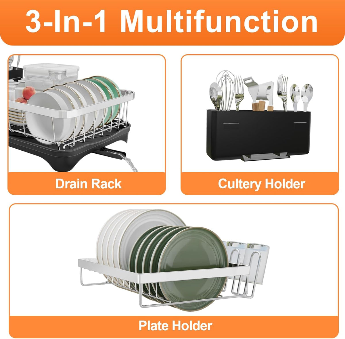 Dish Drying Rack - 2-Tier 304 Stainless Steel Dish Rack for Kitchen Counter, Adjustable Spout Auto-Draining Dish Rack, Kitchen Organizers and Storage Rack with Drainboard and Cutlery Holder Black