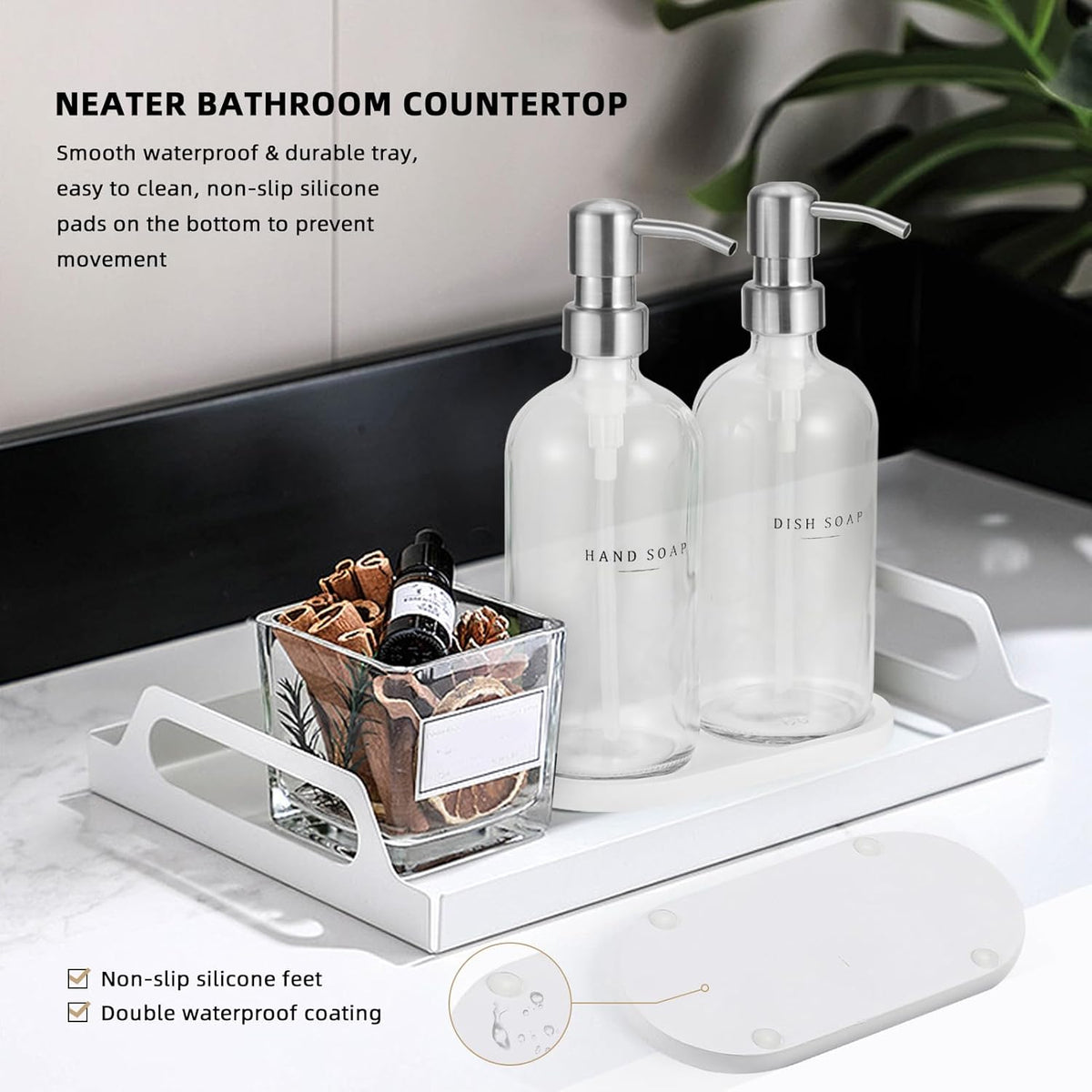 Glass Soap Dispenser - Dish Hand Soap Dispenser Set for Kitchen, Bathroom Soap Lotion Dispenser with 304 Rust Proof Pump, Tray, Clear Bottle/Silver Pump