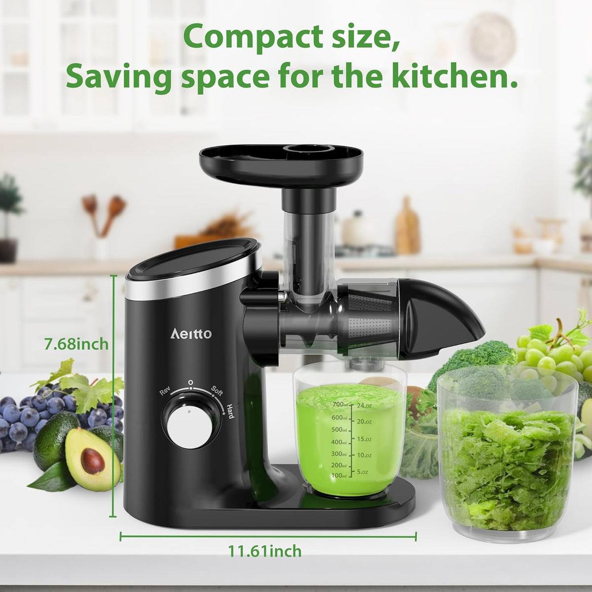 Aeitto Juicer Machines with Soft & Hard Modes, Quiet Motor, Reverse Function, Juicer Machines Vegetable and Fruit, Cold Press Juicer, Easy to Clean with Brush