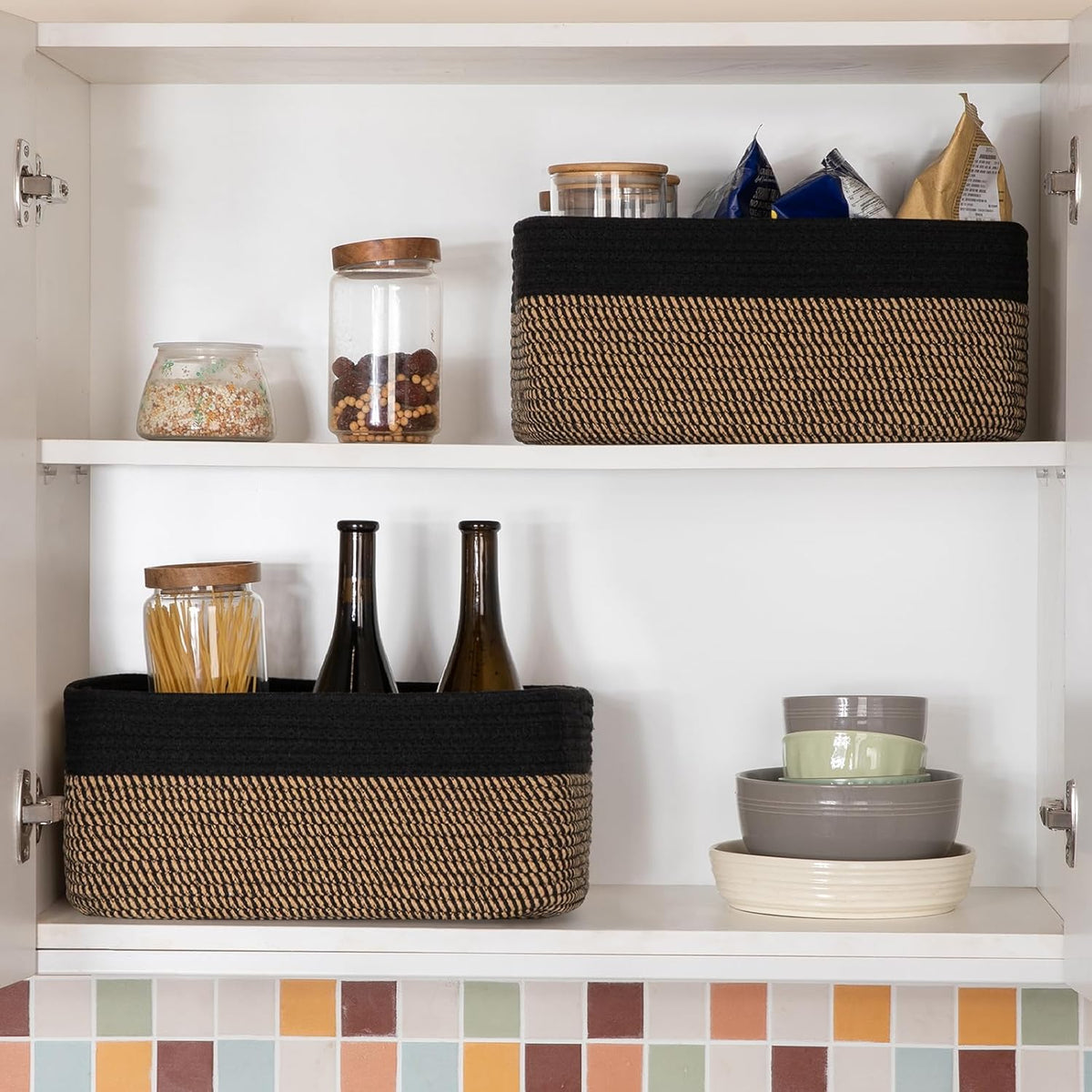 Storage Baskets for Organizing 3 Pack, Woven Baskets for Shelves, Closet Organizer Bins Empty Gift Basket Toy Storage for Toys, Books, Towels, Clothes, 15"x11.42"x6.7", Black & Yellow