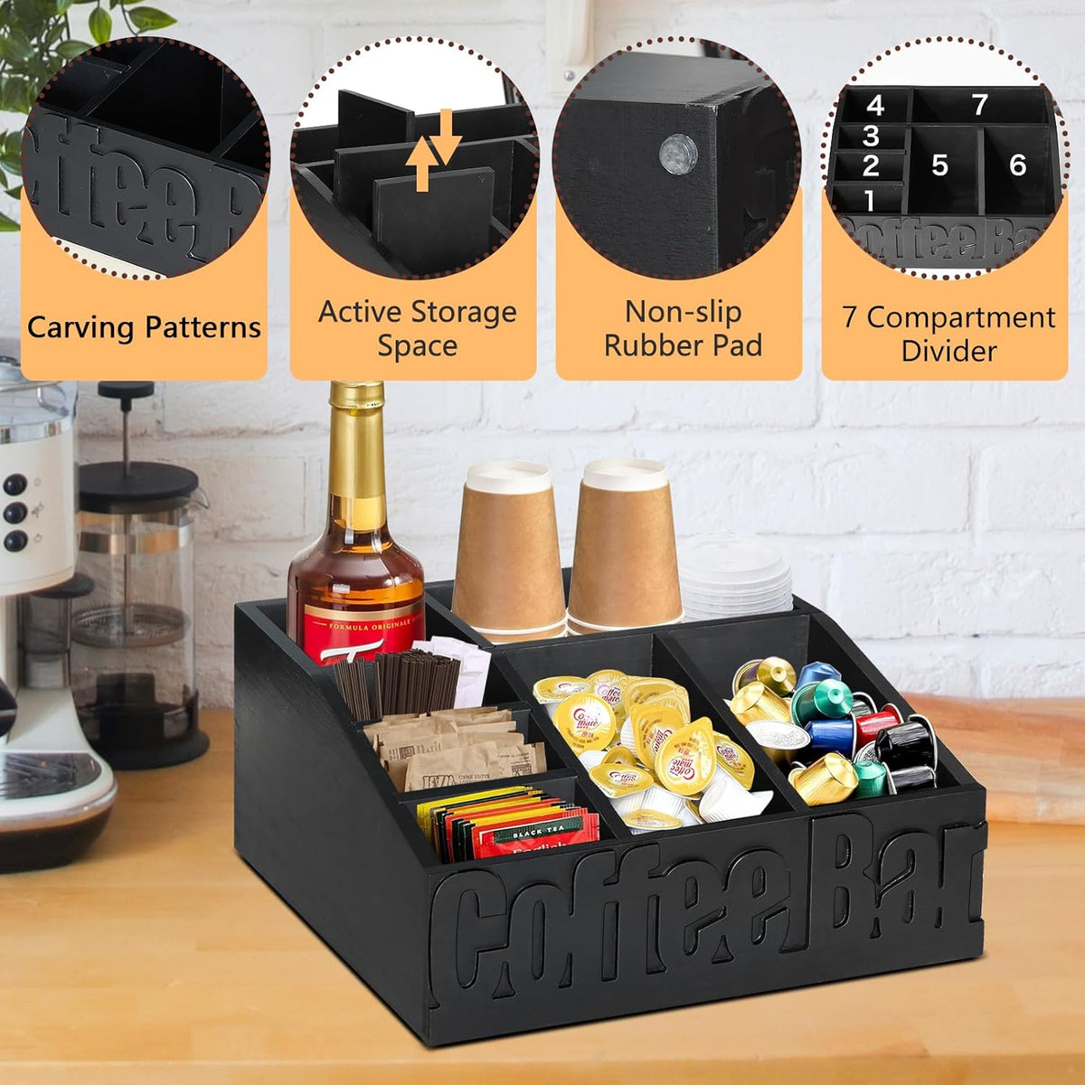 Coffee Bar Organizer for Accessories, Wood Station for Countertop, Farmhouse Pod Syrup Holder, Condiment Organizer for Decor (Black)