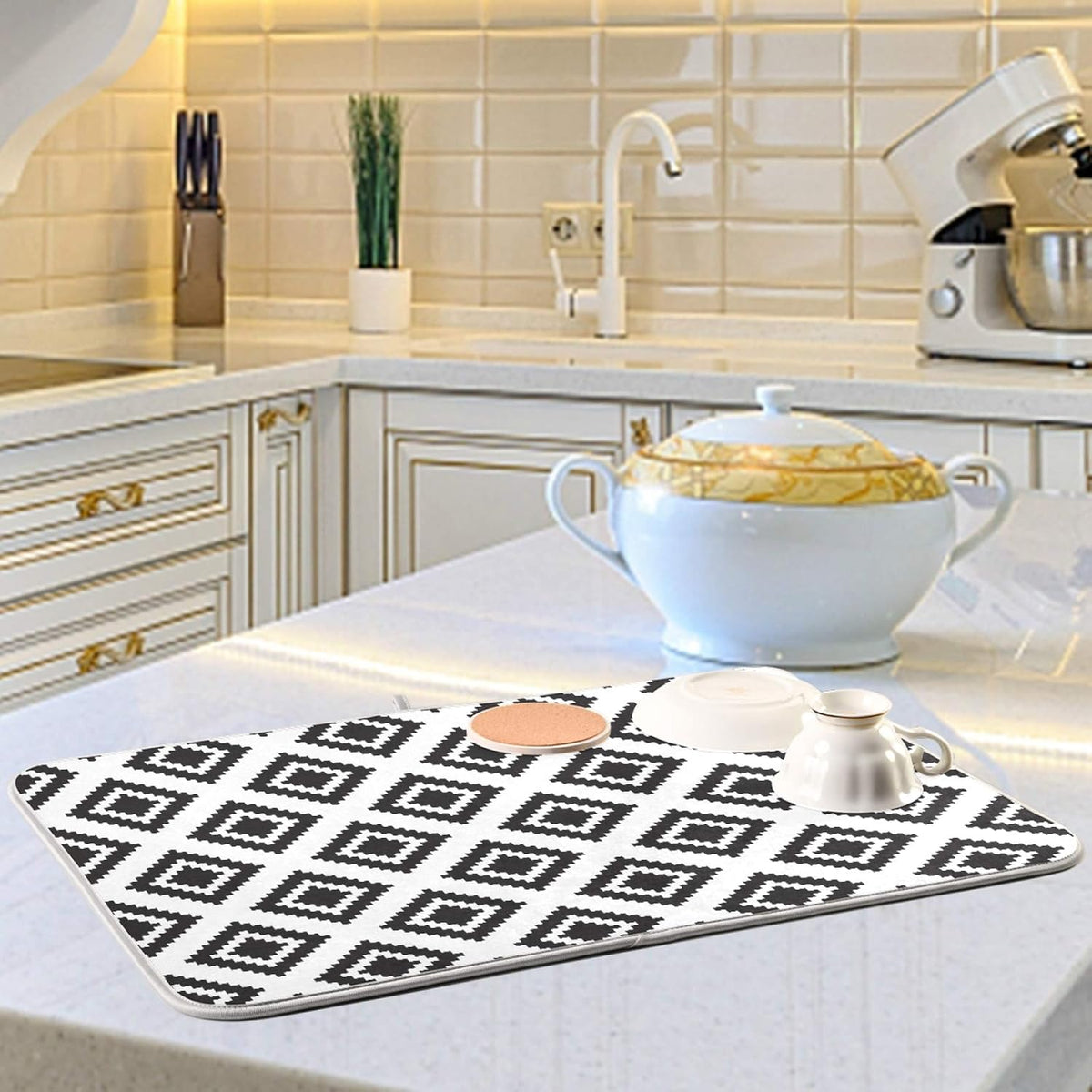 Super Absorbent Dish Drying Mat, Microfiber Fast-Drying Dish Mat, 16" x 18, Kitchen Dish Drying Pad, Grey Moroccan Rhombus Plaid